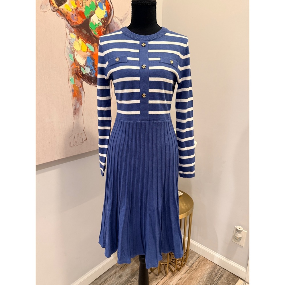 ZESICA Women Blue White Striped Long Sleeve Pleated Knit Sweater Midi Dress, M